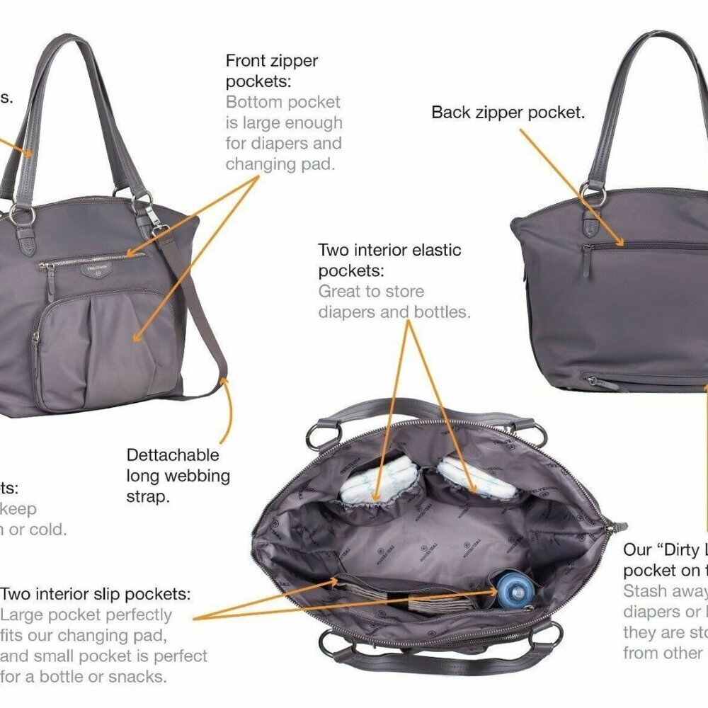 TWELVElittle Large Diaper Bag Gray Allure Nylon Tote Crossbody Baby Shoulder Bag - Picture 4 of 6